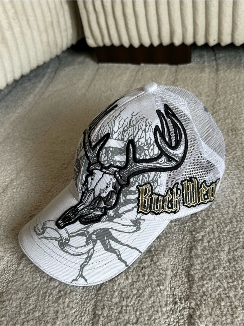 Buck Wear White Trucker Hat with Antler Skull Patch